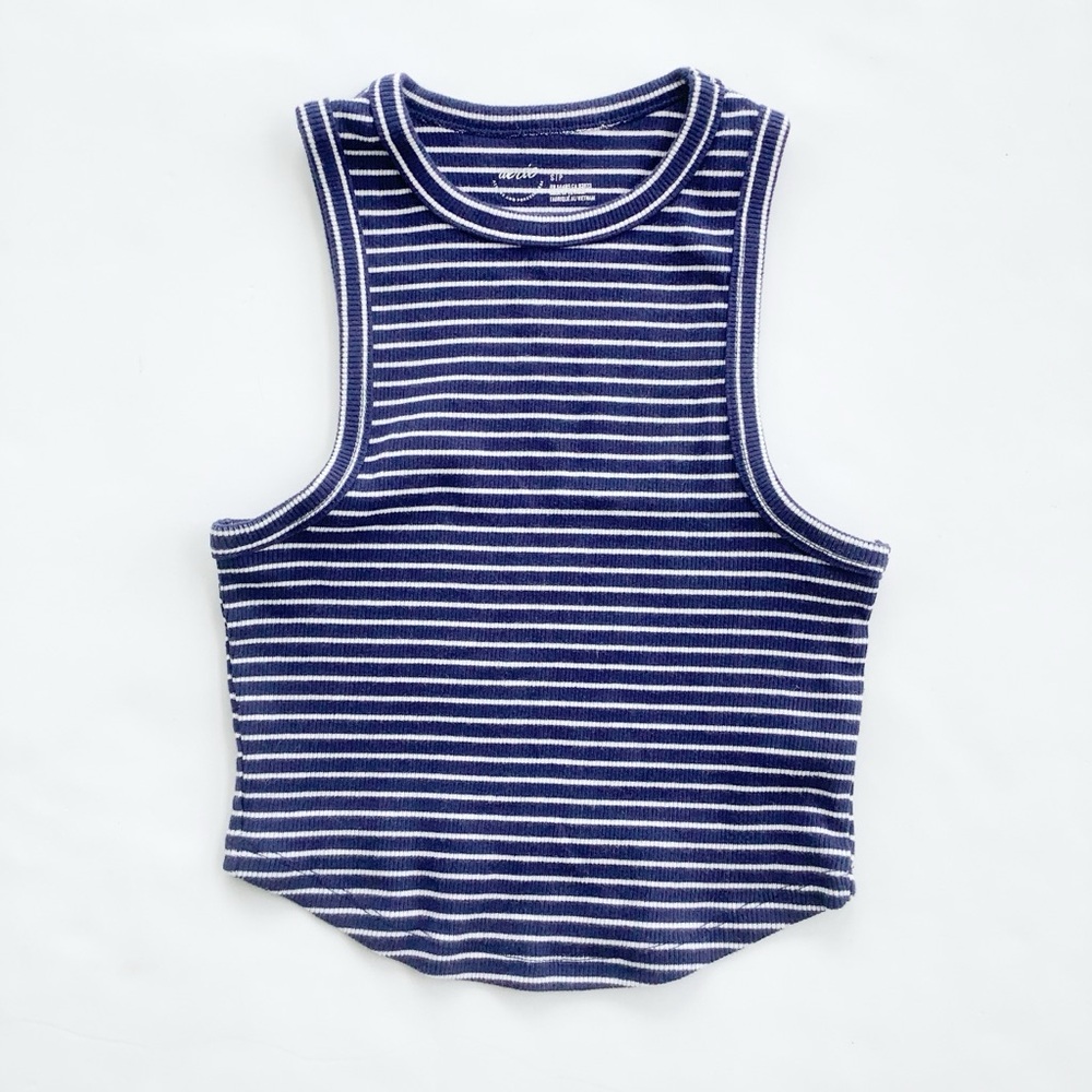 aerie Navy and White Striped Ribbed Tank